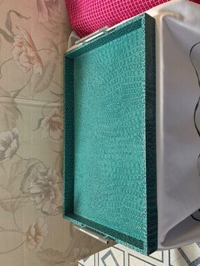 Turquoise Textured Faux Leather Snake Reptile Crocodile Serve Tray Metal Handles